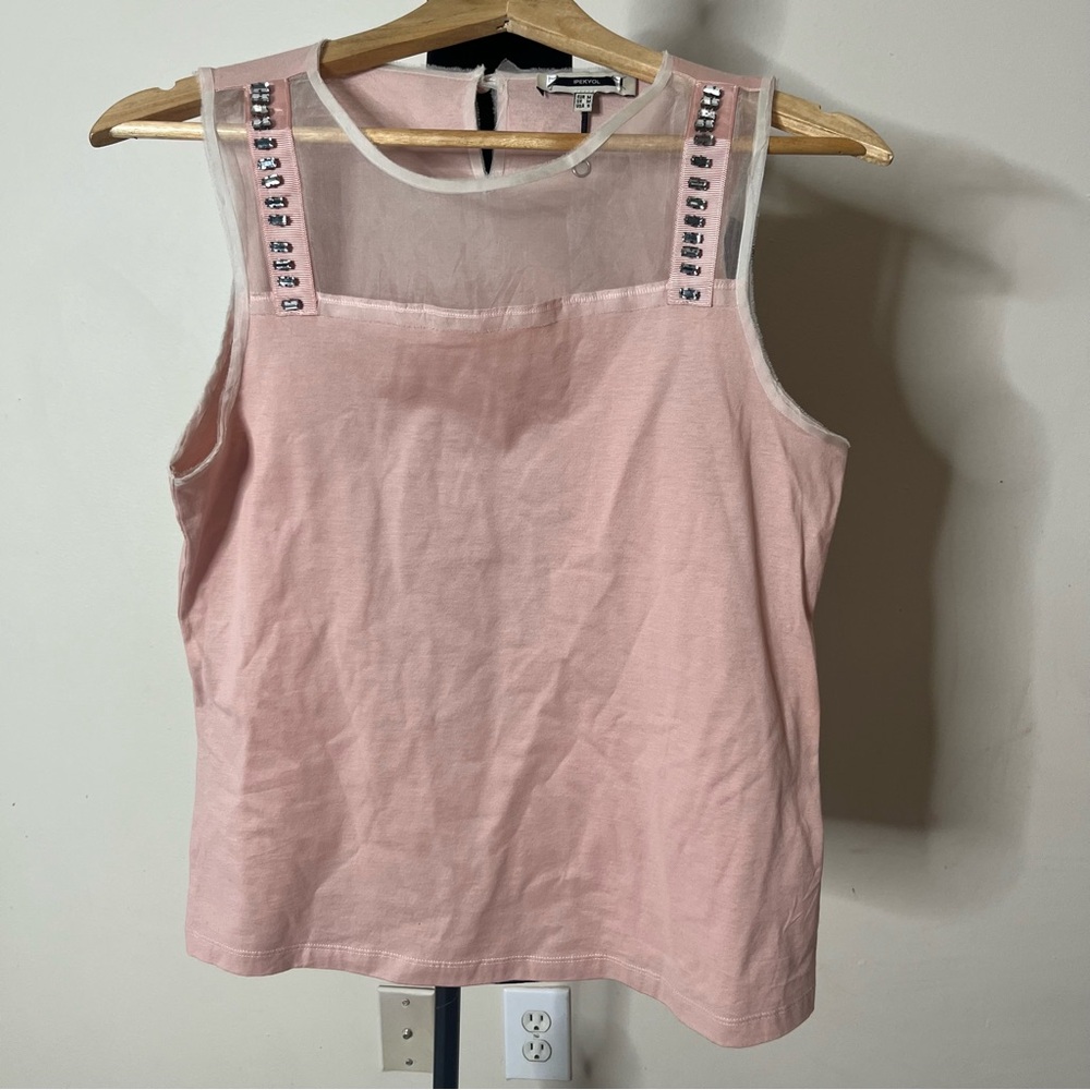 Women’s Ipekyol Blush Pink Jeweled Puma Cotton‎ Sleeveless Sheer Top Tank Sz S - Picture 3 of 9